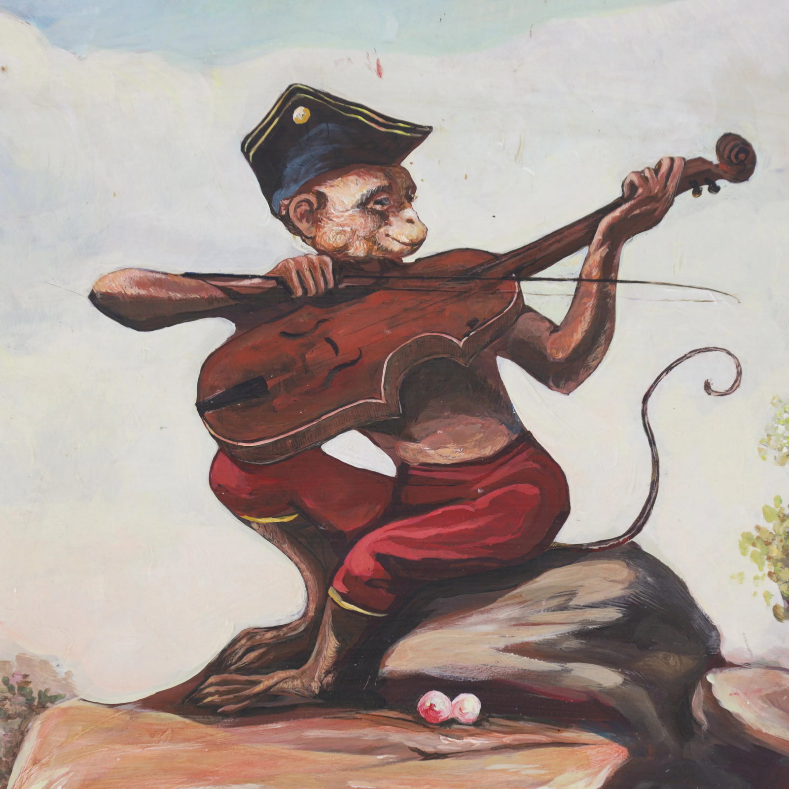 Vintage Hand-Painted Iron Painting – Monkey Playing Violin on Metal Panel - 2