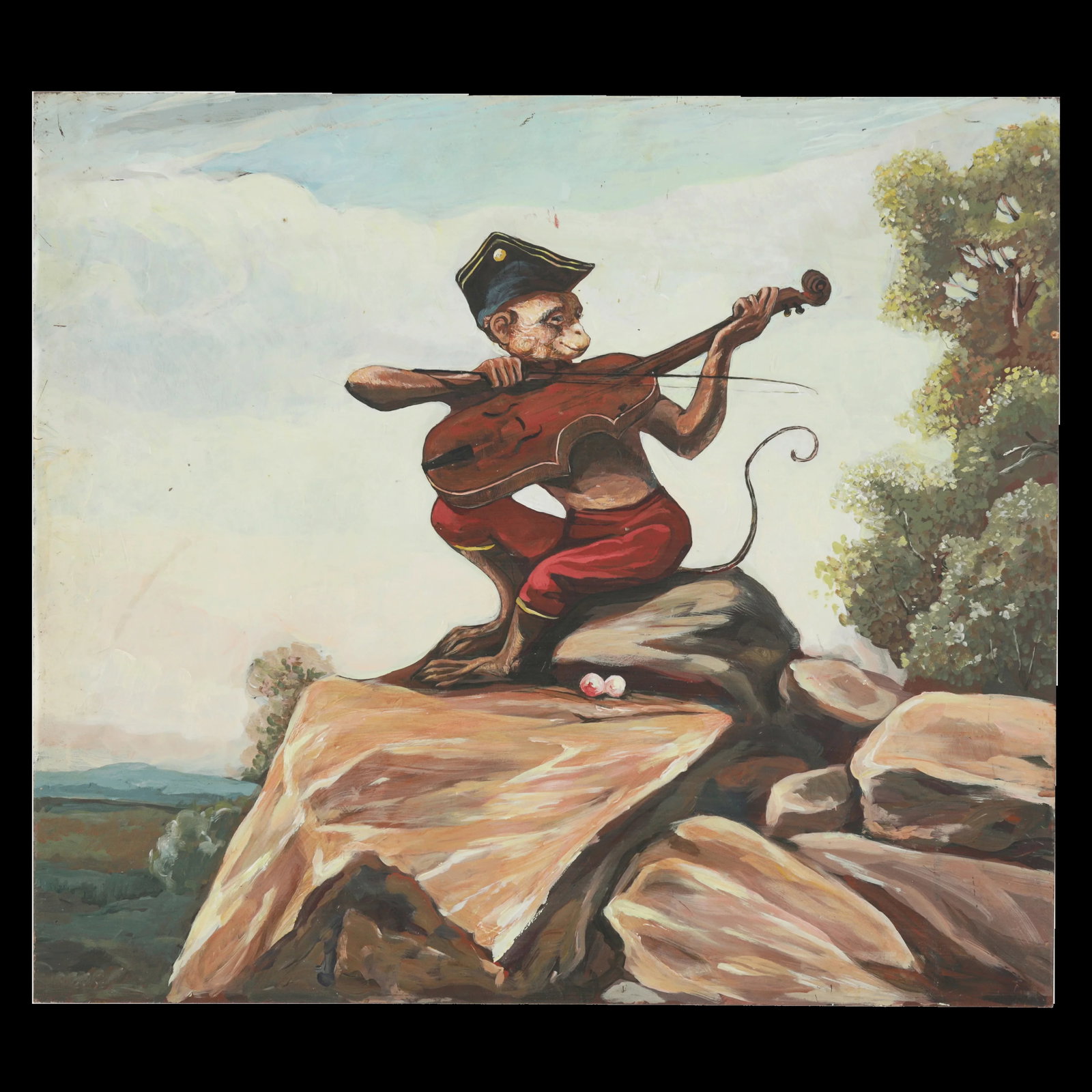 Vintage Hand-Painted Iron Painting – Monkey Playing Violin on Metal Panel - 8