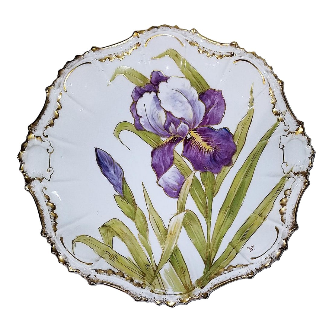Early 1900s Flambeau Limoges Iris Porcelain Charger Platter: Beauty is not gone, just hidden in plain sight in the classics. Stunning hand painted and gilt porcelain platter from Limoges, France by Flambeau, c 1900. Maker's marks and damage-free, hang on a