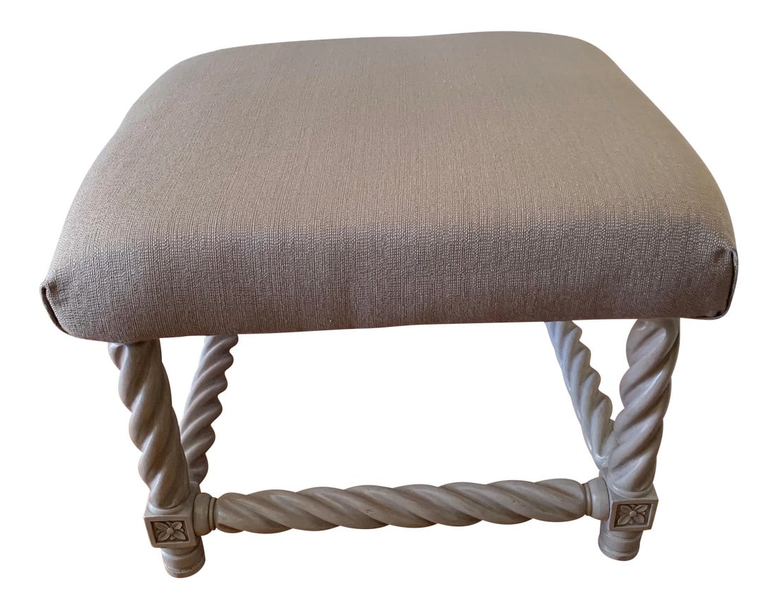 Vintage Mid Century Ottoman: 1960"S ottoman that has been refinished and reupholstered . The base is made of birch wood with spindle legs. Condition: Alterations: Original Design Modified Imperfections: Some Imperfections