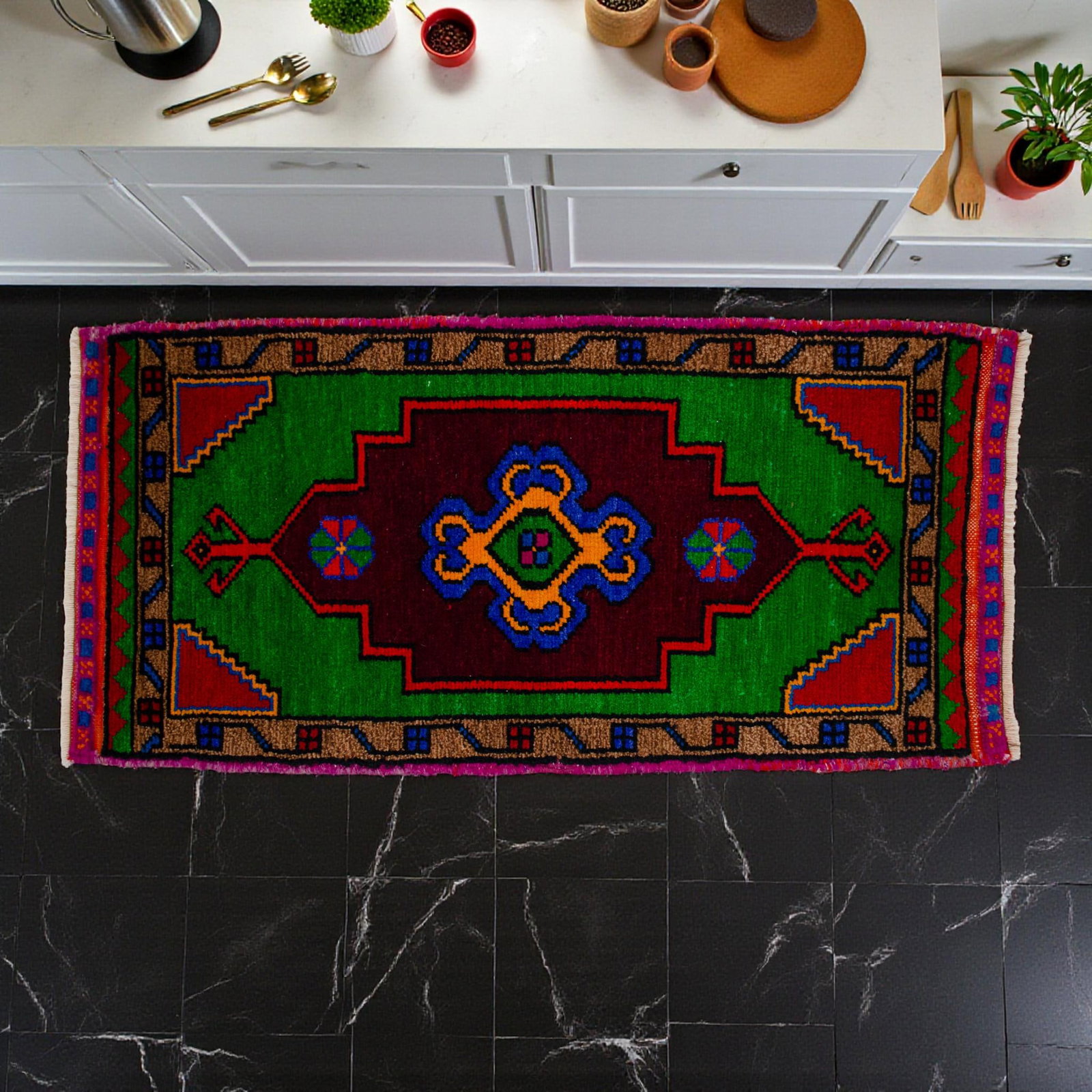 Hand Made Oushak Rug. Colorful Mini Rug, Bath Mat, Kitchen Sink Decor 1'6" X 3'1" - 2