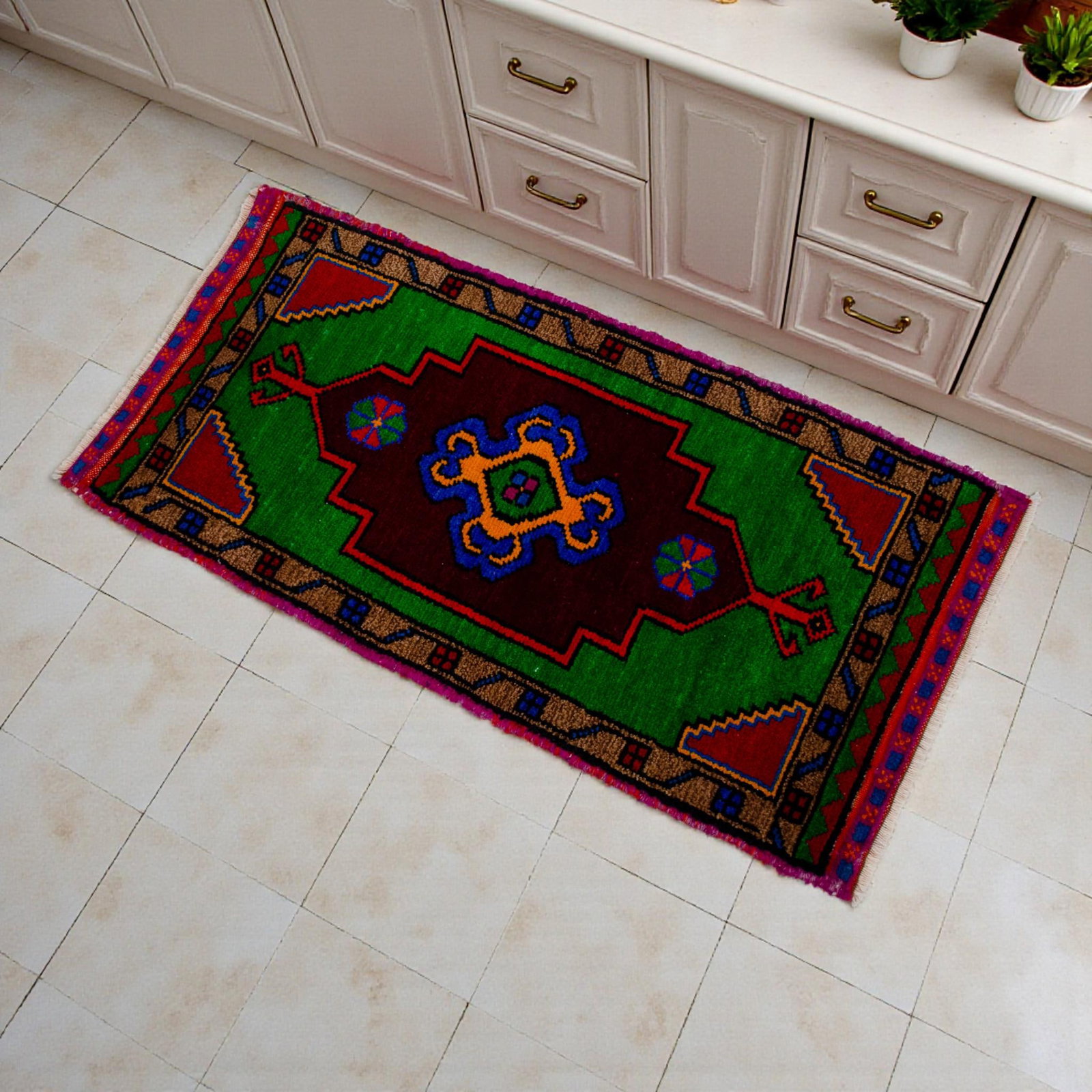 Hand Made Oushak Rug. Colorful Mini Rug, Bath Mat, Kitchen Sink Decor 1'6" X 3'1" - 3