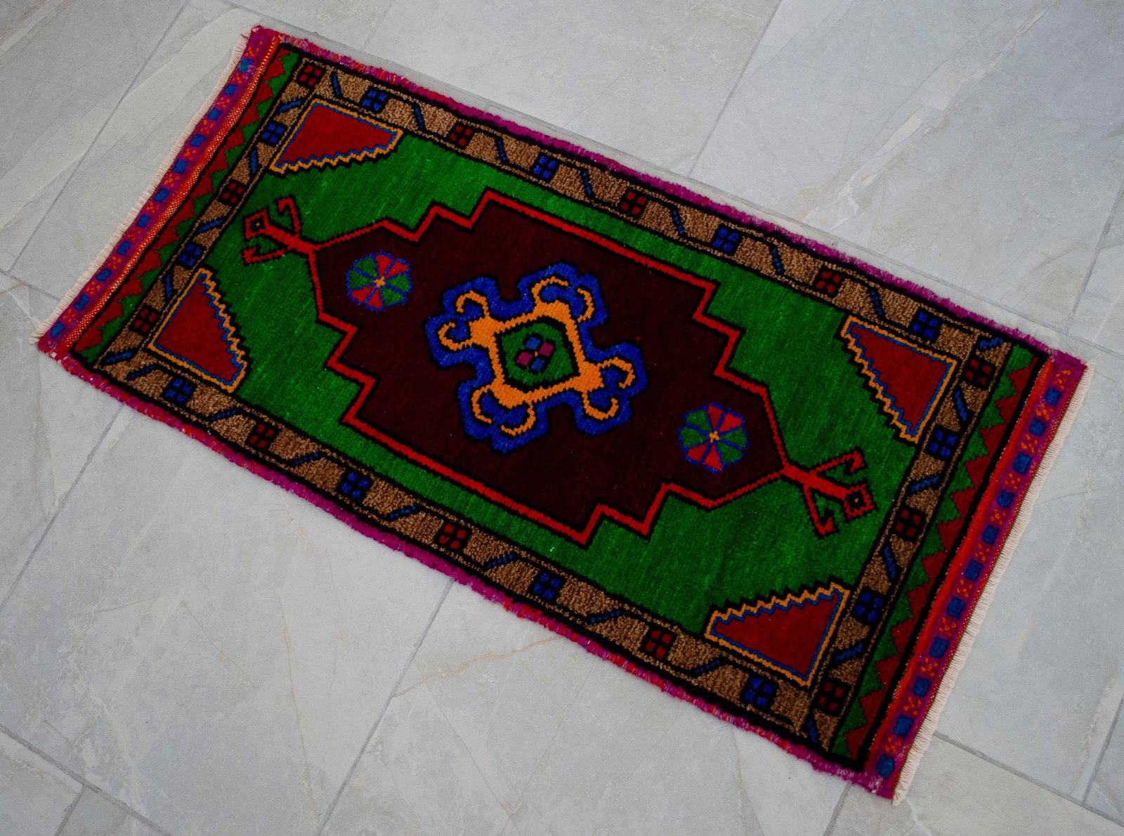 Hand Made Oushak Rug. Colorful Mini Rug, Bath Mat, Kitchen Sink Decor 1'6" X 3'1" - 5