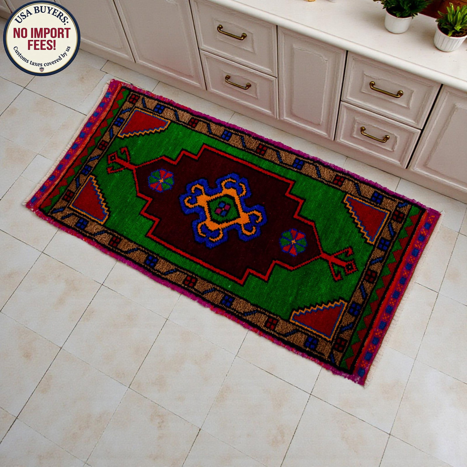 Hand Made Oushak Rug. Colorful Mini Rug, Bath Mat, Kitchen Sink Decor 1'6" X 3'1" - 7