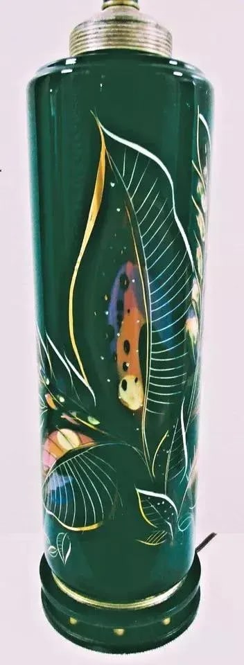 Vintage Sascha Brastoff Hand Painted Table Lamp Signed Green Gold Floral - 2
