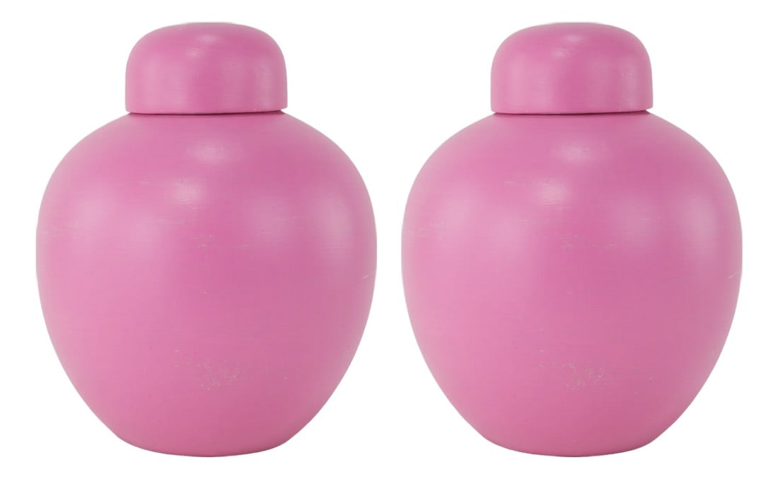 Pair of Soft Pink Matte Ginger Jars With Lids – Elegant Decorative Accents: This charming pair of soft pink ginger jars brings a touch of elegance and warmth to any decor. Featuring a smooth matte finish, these jars exude a modern yet timeless appeal, making them perfect for 