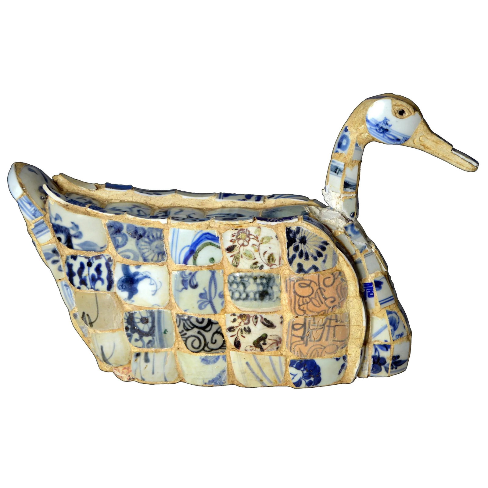 Vintage Chinese Faience Duck Sculpture with Blue Oriental Accents - 13