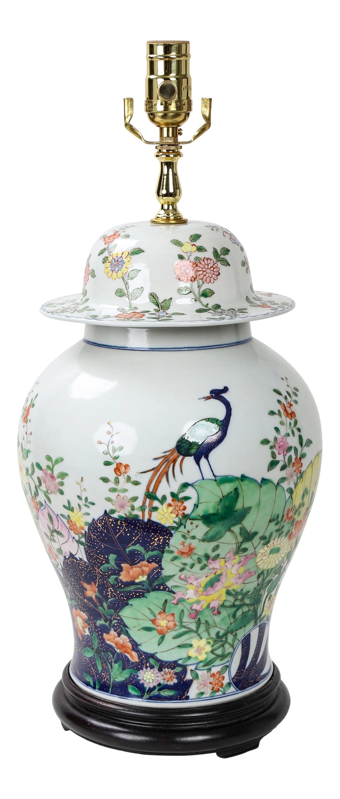 Vintage Famille Rose Temple Jar Table Lamp: Vintage Famille Rose Temple Jar Table Lamp in tobacco leaf design with birds Condition: Alterations: Original Condition Unaltered Imperfections: Some Imperfections Condition Notes: In good condition