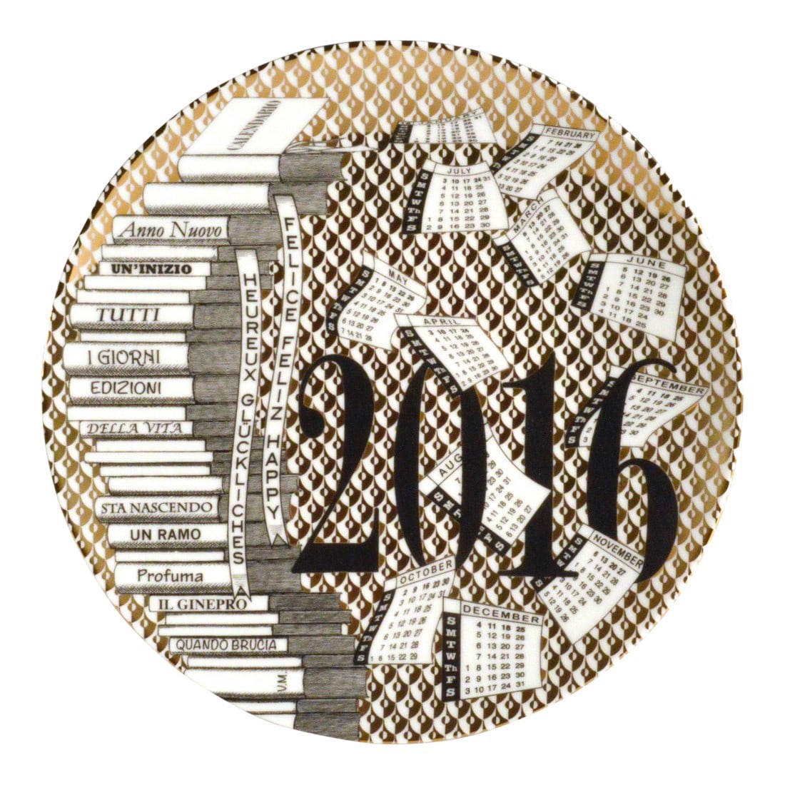 Fornasetti Porcelain Calendar Plate 2016. Number 172 of 700 Made; With Original Box: Barnaba Fornasetti Porcelain Calendar Plate 2016. Number 172 of 700. With Original Box. THe plate with a gold and white ground with a repeating pseudo-crest design. To the left is a stack of books