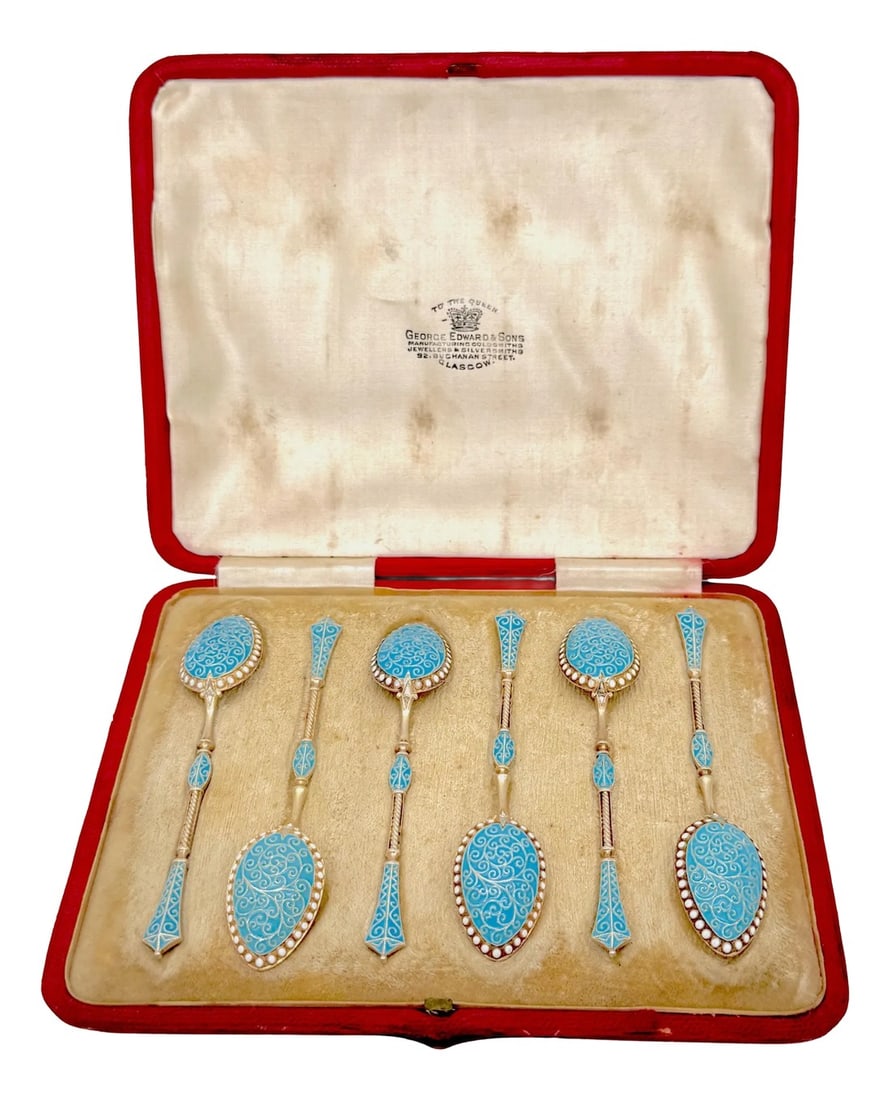 6 Russian Style Enamel Sterling Spoons, George Edward & Sons, Glasgow, 1888: 6 Russian Style Enamel Spoons, George Edward & Sons, Glasgow, 1888 This exquisite set of six enamelled sterling silver spoons, measuring 4.5 inches wide x .75 wide x .25 high, is a stunning example of