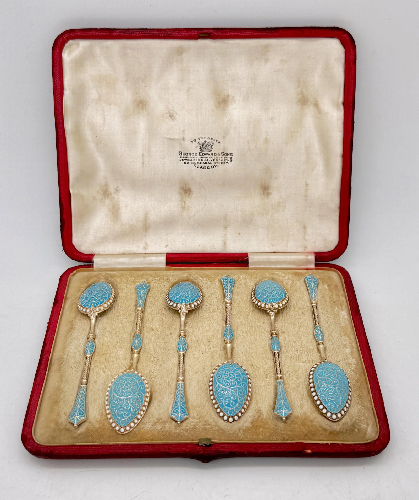 6 Russian Style Enamel Sterling Spoons, George Edward & Sons, Glasgow, 1888 - 2