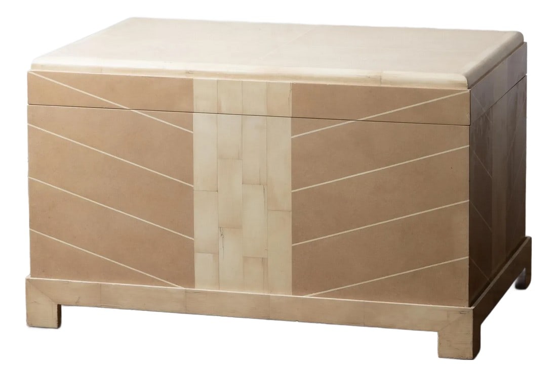Karl Springer Kyoto Box on Stand, c.1970: A Kyoto box on stand by Karl Springer, circa 1970. Faux shagreen and bone inlay; suede lining. 37 inches wide by 24 Â¾ inches deep by 22 inches tall Condition: Alterations: Original Conditio
