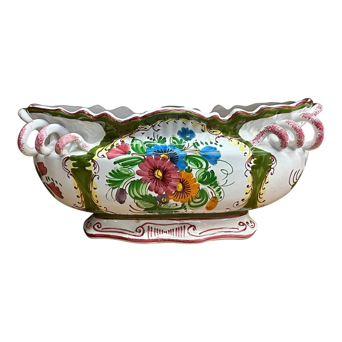 Italian Floral Long Bellied Vase- Hand Painted Coil Handles ,Gracious Design.: Ready for spring this cheerful vessel is lovely on her on own or ready to hold an bounty of fresh cut flowers. 14" inches long 7" inches Wide 6" inches tall In excellent condition no chips. Made in It