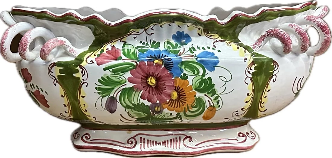 Italian Floral Long Bellied Vase- Hand Painted Coil Handles ,Gracious Design. - 6