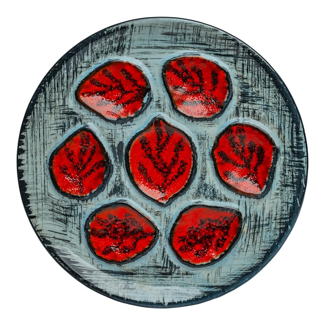 Mid-Century Modern French Mbfa Pornic Pottery Red & Black and Celadon Graphic Oyster Plate: Found in West Texas A vintage French hand-painted seafood plate from the 1960s, made by MBFA Pornic Pottery Studio in Western France. Designed by Bernard Serraz, it features a bold red and black