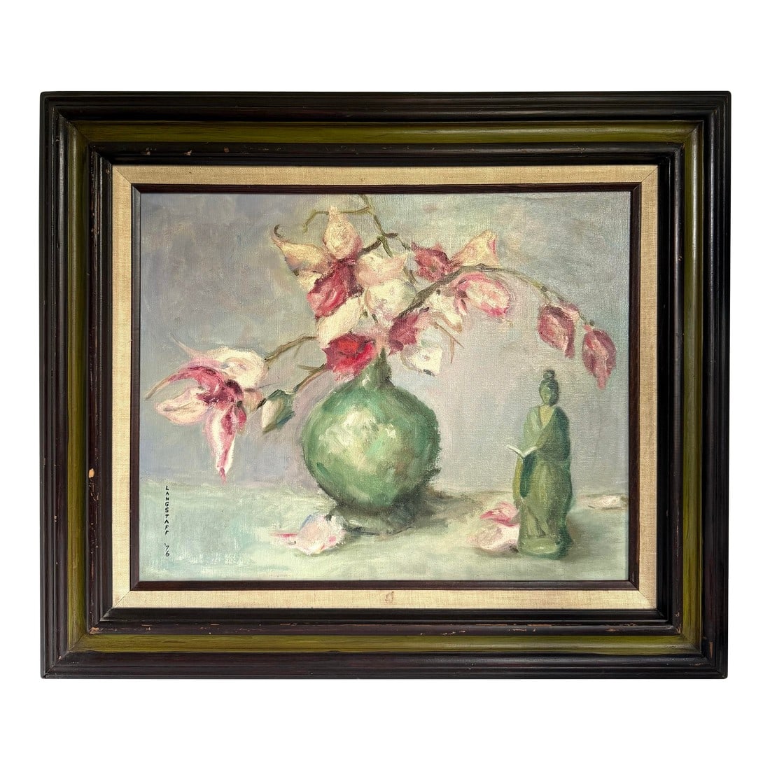 1976 Original Signed Impressionist Painting of Floral Bouquet and Statue: Here is a lovely Impressionist painting from 1976, signed by artist Langstaff. The piece features a still-life scene of a floral bouquet in a green vase with an Asian statue holding a book next to