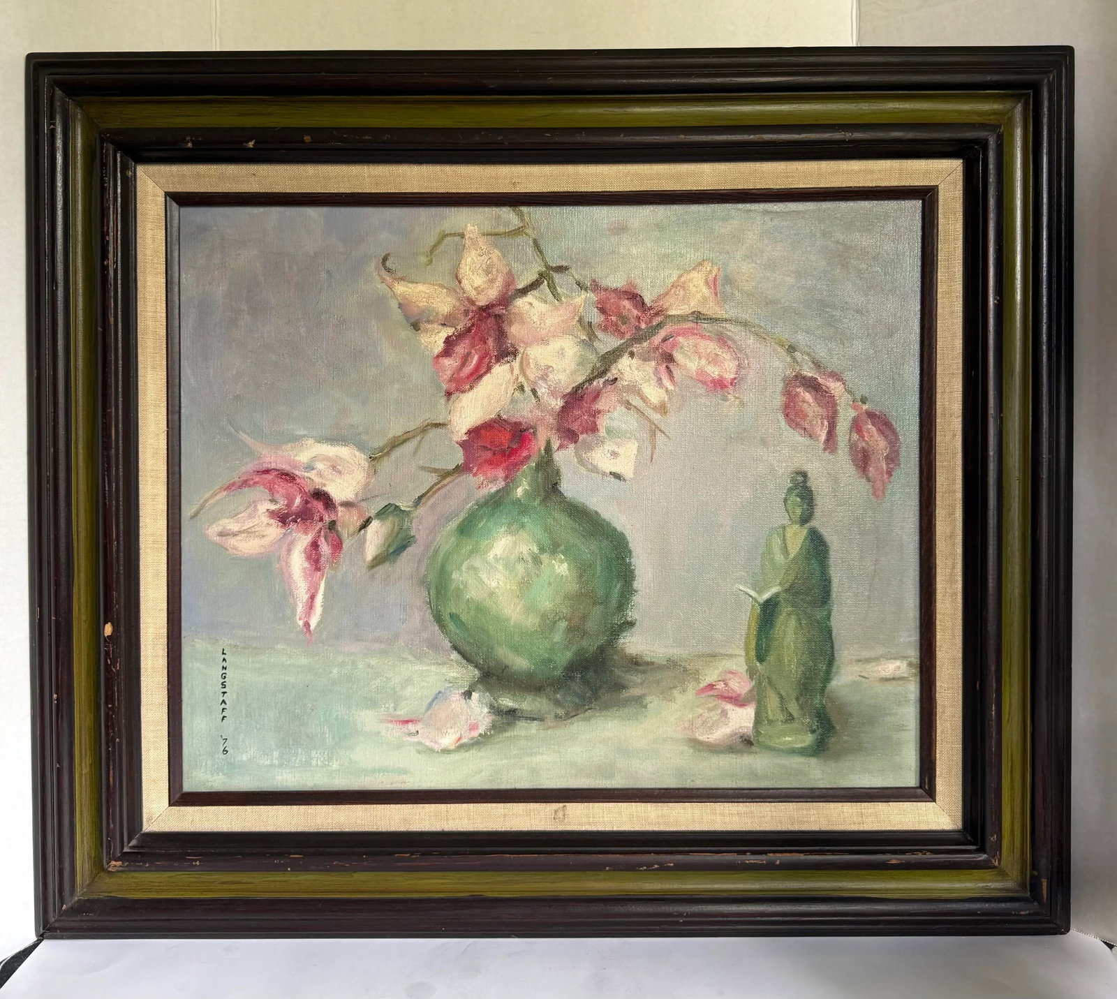 1976 Original Signed Impressionist Painting of Floral Bouquet and Statue - 2