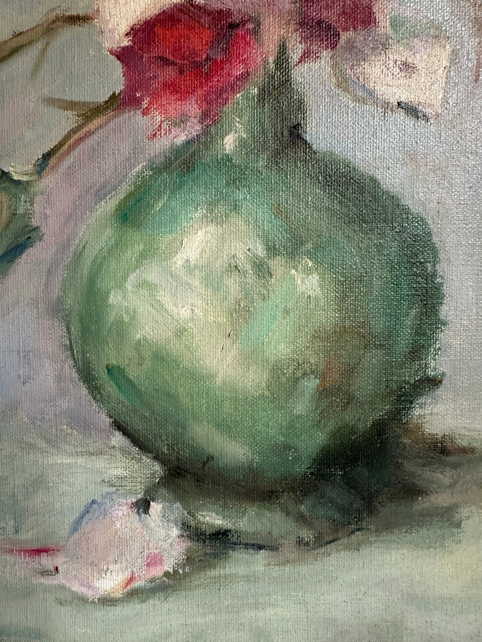 1976 Original Signed Impressionist Painting of Floral Bouquet and Statue - 9