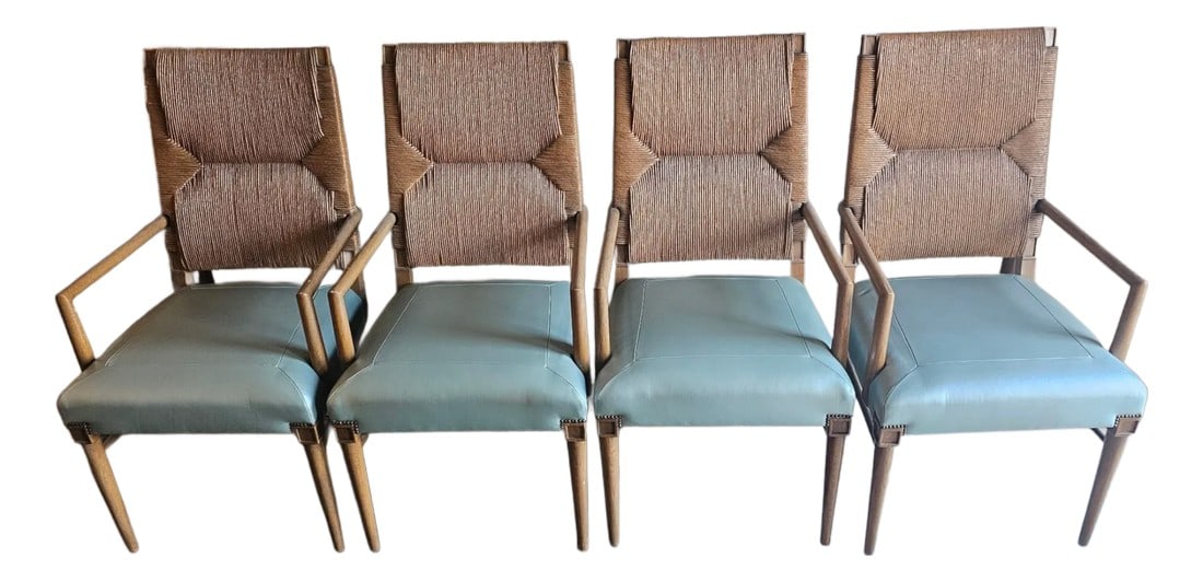 Set of Four St. Tropez Chairs by Gregorius Pineo: St. Tropez set of four dining chairs by designer Gregorius Pineo are in very good condition. Seats are upholstered in light blue with a hint of pearl leather. Backs are constructed with oak frame