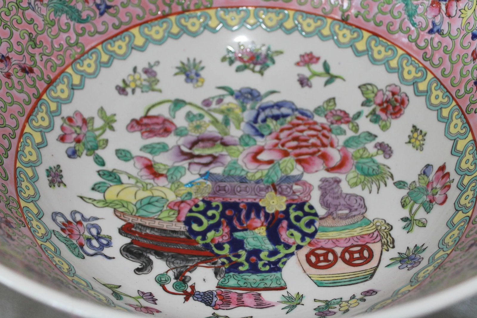 Vintage Chinese Famille Rose Porcelain Bowl, White & Pink Base With Floral Accents and Bottom Markin - 8