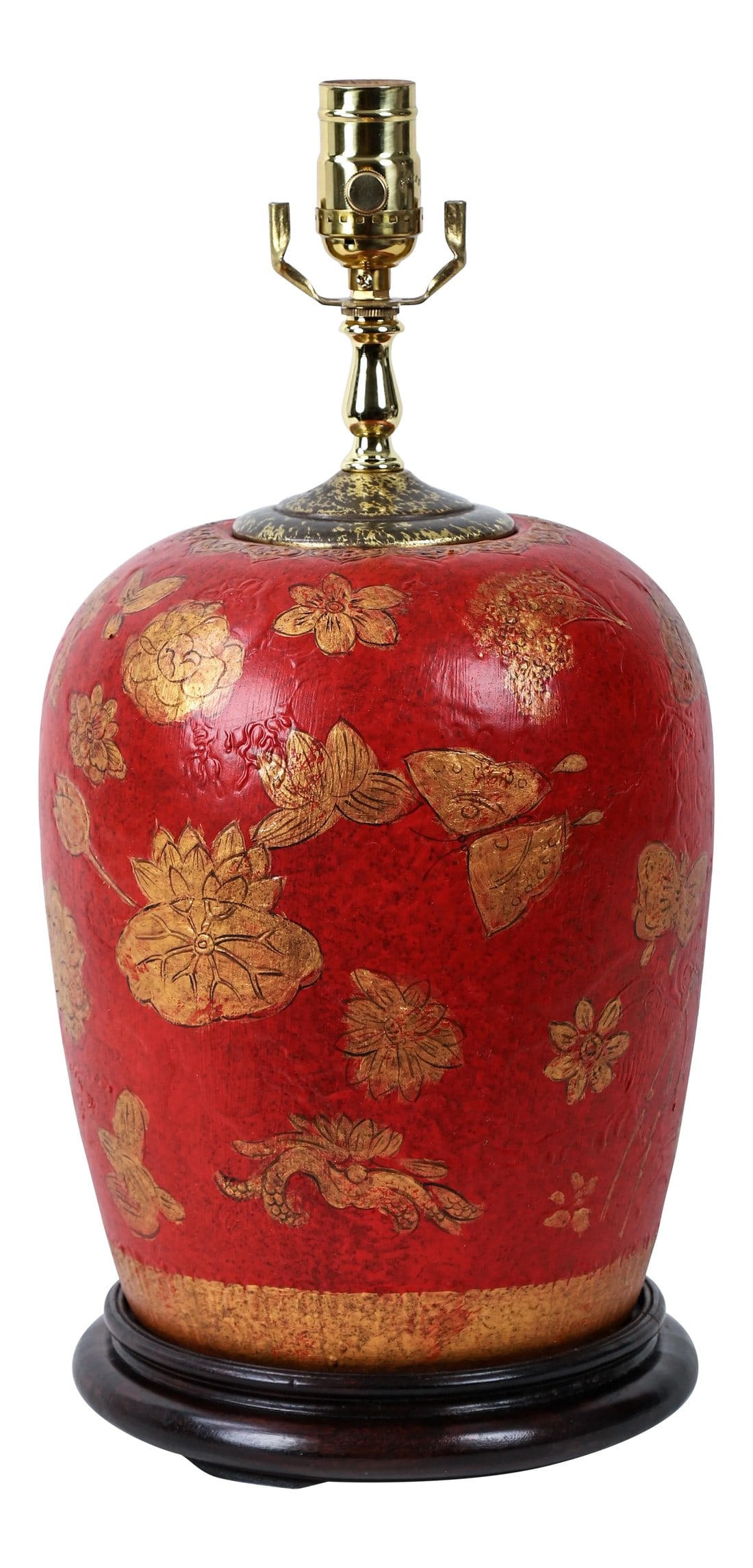 Red Hand Painted Flower Table Lamp: Red Hand Painted Flower Table Lamp. Hand-painted golden lotus flowers on a red background has a very good decorative effect. Condition: Alterations: Original Condition Unaltered Imperfections: Some Im
