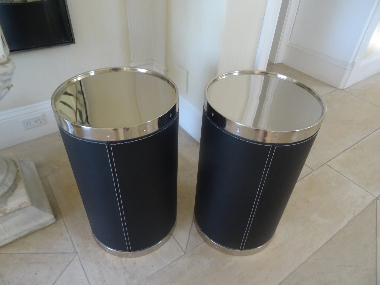 Pair of Patrick Black Leather Cylinder Drink Tables by Port 68 - 2
