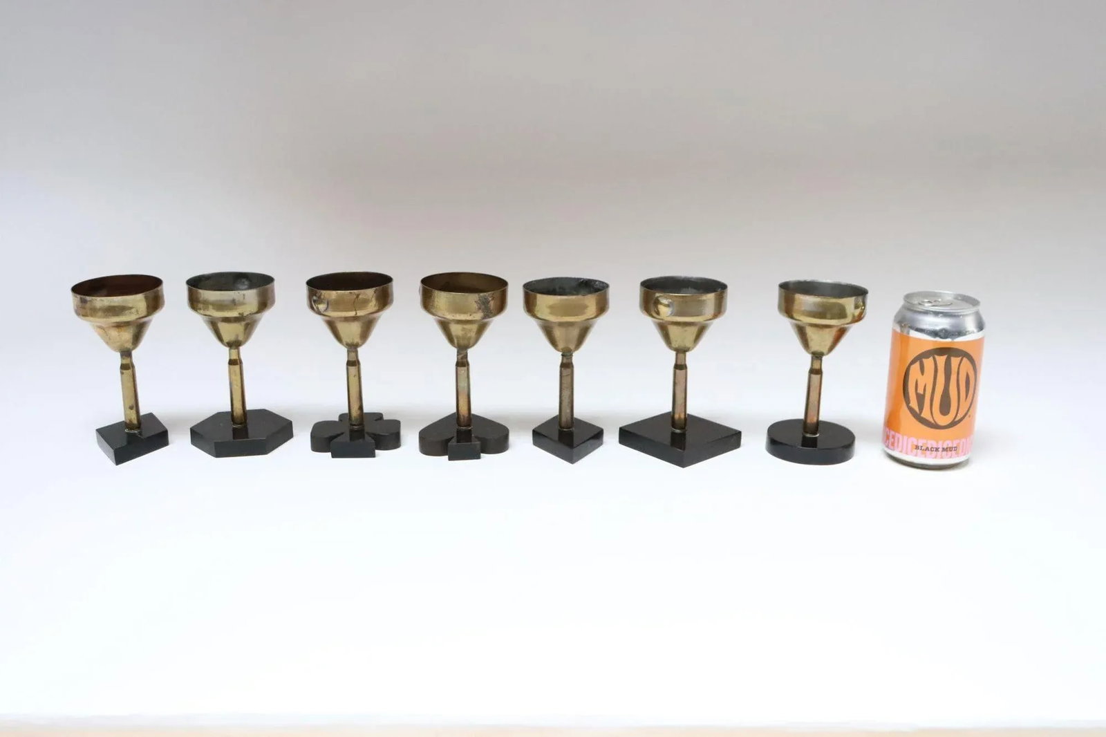 Set of Seven Vintage Trench Art Brass Goblets With Bakelite Card Suit Bases - 6
