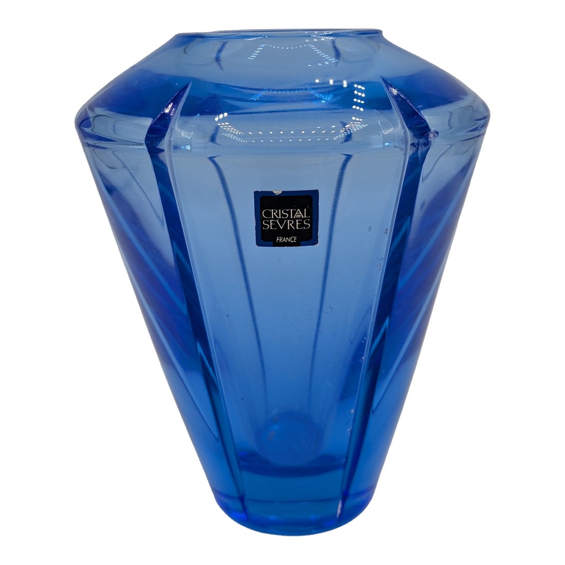 Late 20th Century Blue Crystal Cristal Sevres French Cut Glass Bohemian Vase: Title: Cristal Sevres Blue Crystal French Cut Glass Bohemian Vase – 6" Tall Maker: Cristal Sevres – renowned French crystal manufacturer Origin: France Style: Bohemian-inspired cut glass