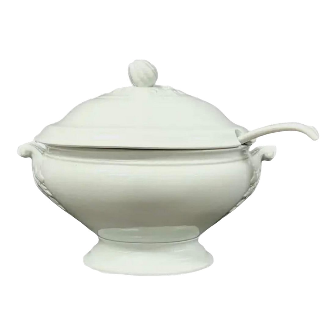 Ironstone Soup Tureen With Lid/Ladle by J.& G. Meakin Co.: 19th Century White Ironstone Soup Tureen with Lid is a lovely piece of Victorian-era English Pottery. This tureen was manufactured by the J.&G. Meakin company in Hanley, Staffordshire, England. The li