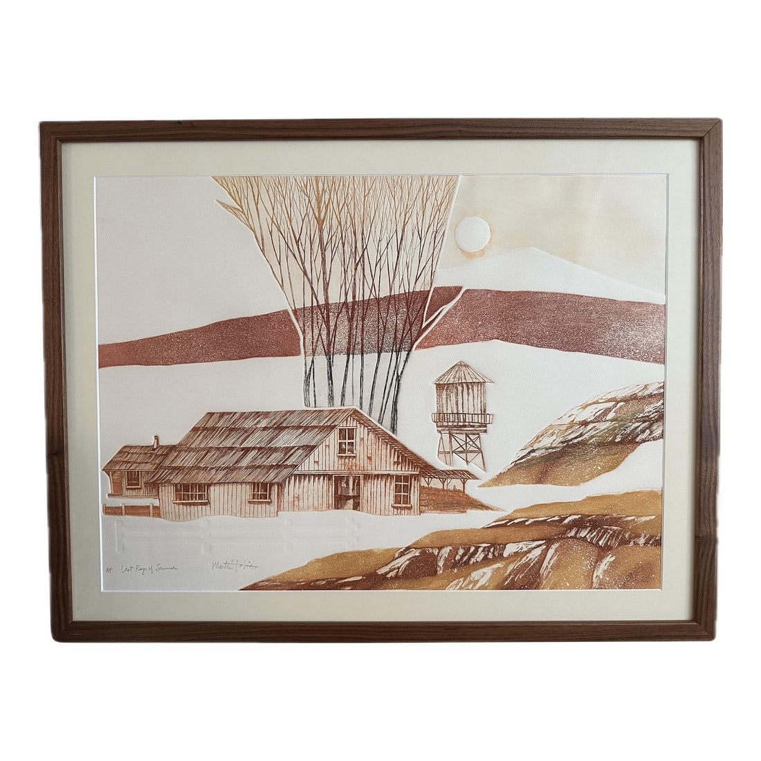 Vintage Print by Artist Martin Tobias, Last Rays of Summer, Framed Farm Landscape in Rust Tones Inta: This is signed original intaglio print by deceased artist Martin Tobias. The print is made by the Artist painting on the etch plates then press the colored plate into the paper. In this piece there is