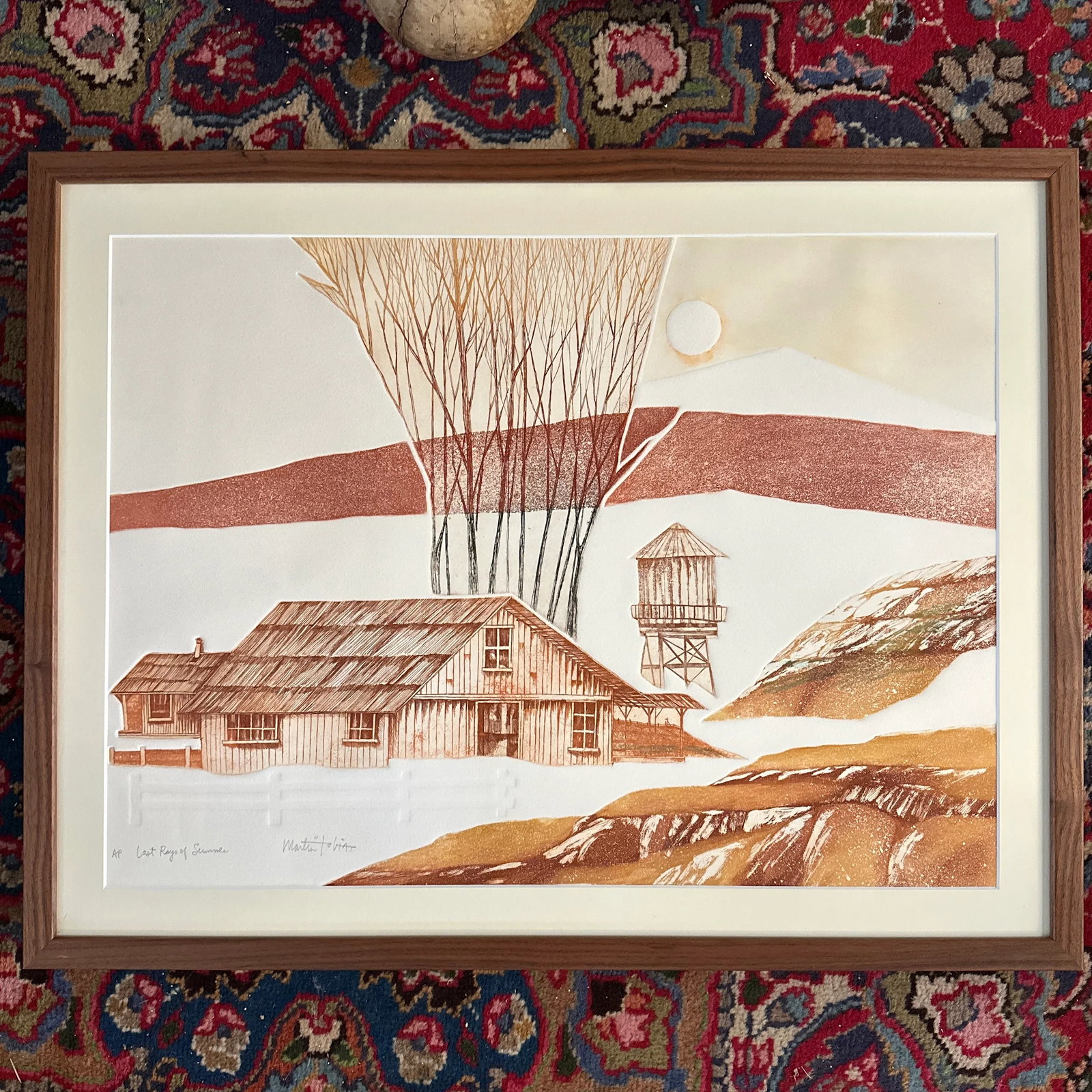 Vintage Print by Artist Martin Tobias, Last Rays of Summer, Framed Farm Landscape in Rust Tones Inta - 3