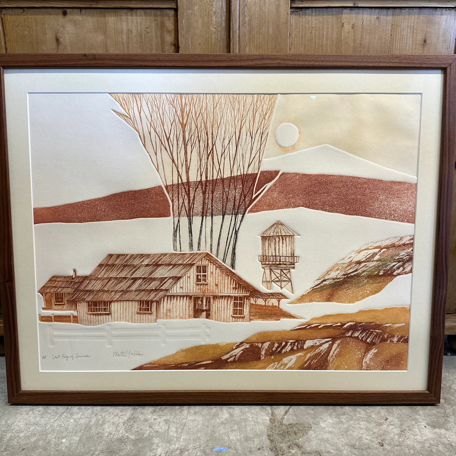 Vintage Print by Artist Martin Tobias, Last Rays of Summer, Framed Farm Landscape in Rust Tones Inta - 9