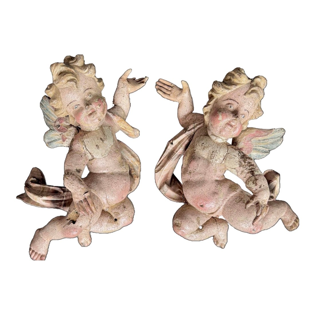 German Baroque Painted Wood Angel Sculptures, a Pair (1 of 12)