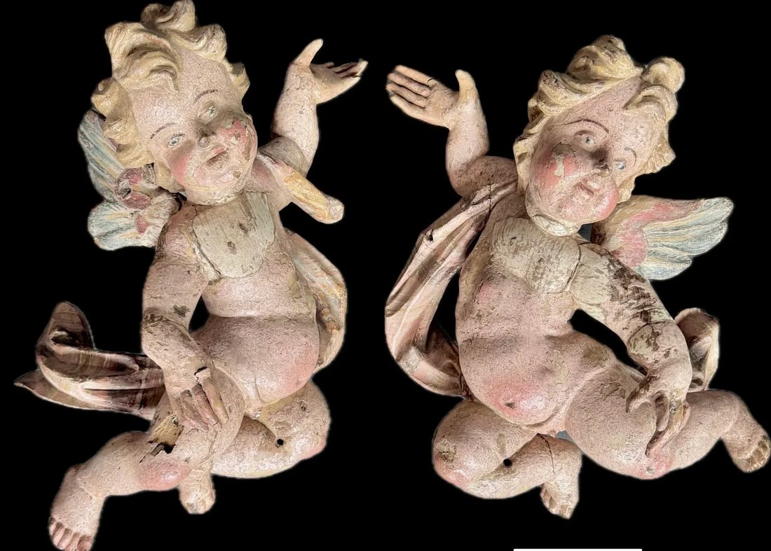 German Baroque Painted Wood Angel Sculptures, a Pair - 9