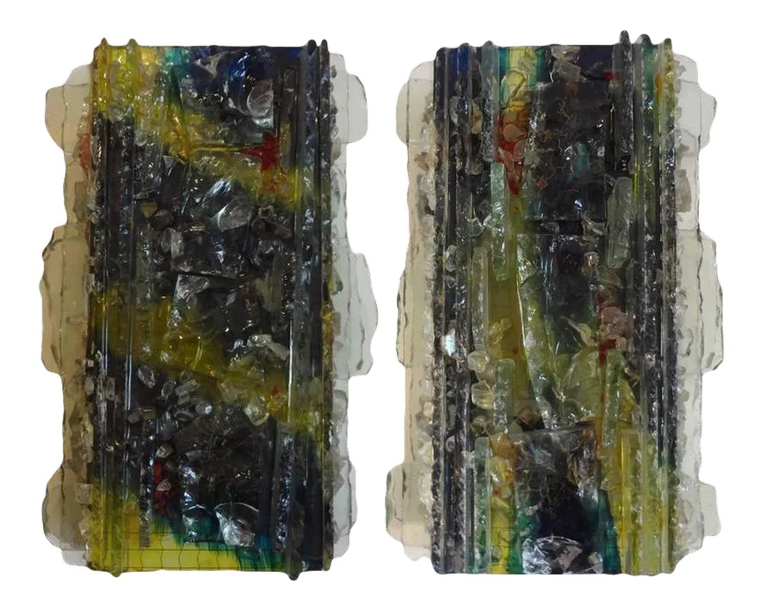 1960's A. Lankhorst for Raak Applied Glass Sconces-A Pair: Interesting pair of Mid-Century Modern multicolored applied glass sconces on metal frames by A. Lankhorst For RAAK Amsterdam, Netherlands, circa 1964, newly wired For U.S. market. These Brutalist