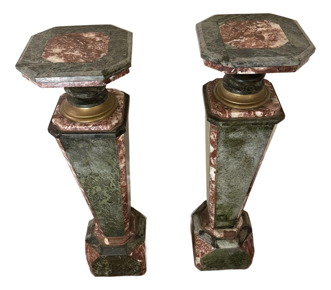 Late 19th Century Monumental Neoclassical Style Ornate Marble Pedestal ~ a Pair: • Rich green and red marble with natural veining • Octagonal tops and bases for a classical silhouette "• Brass accents beneath the top platforms "• Solid and heavy