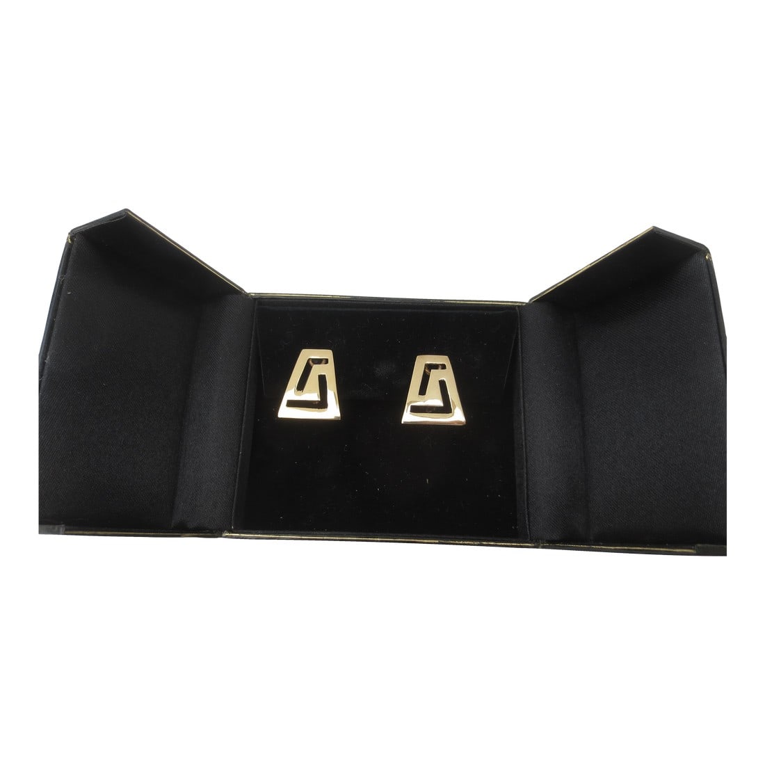 Mid-Century 14 Kt. Clip-on Earrings: 14 Kt. gold clip-on European Earrings. Mid-century style of Greek key design. Modern, clean, and smart clip-ons in a box. Marked 585 to the rear with RS 24. The measurements are 23mm tall and 19mm