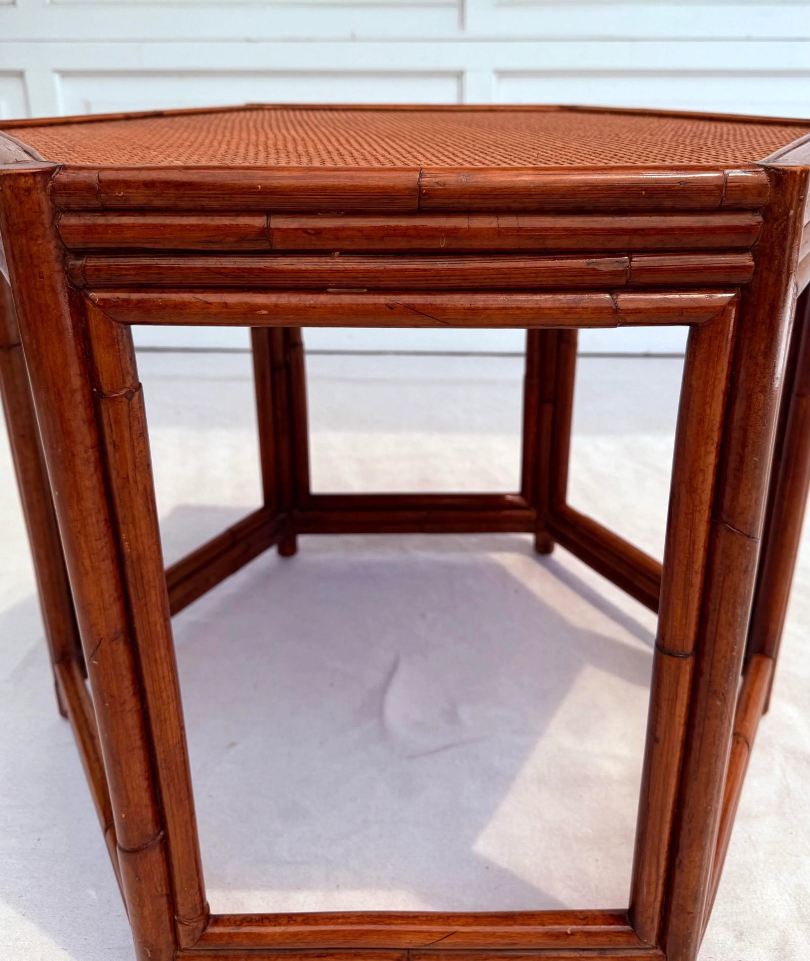 Vintage Asian Chinoiserie Hexagon Faux Bamboo and Rattan Side Table - 10