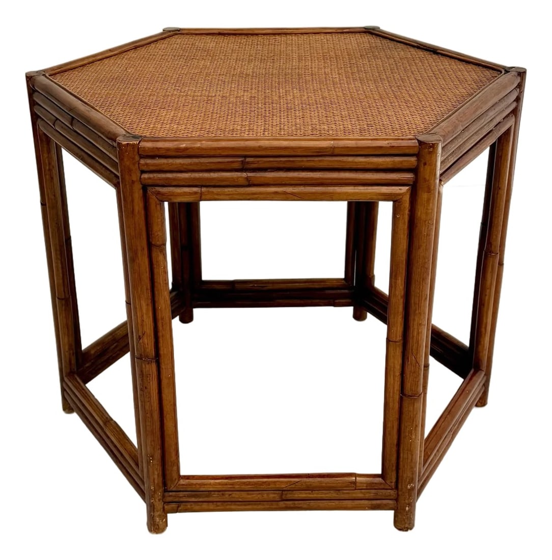 Vintage Asian Chinoiserie Hexagon Faux Bamboo and Rattan Side Table (1 of 11)