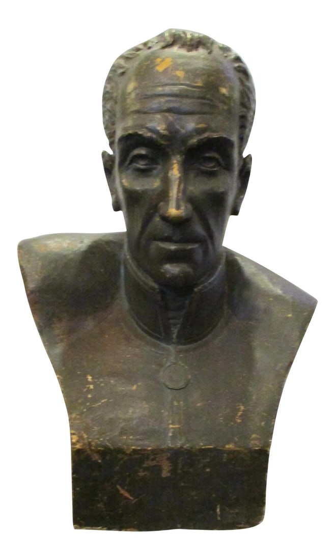 Vintage Plaster Bust Simon Bolivar by Nichola Veloz: Plaster studio bust of Bolivar by Nichola Veloz. Sculpted in a monumental over-life size scale and Patinated dark olive bronze tone. Signed to the lower right side Nichola Veloz(died 1957, father of N
