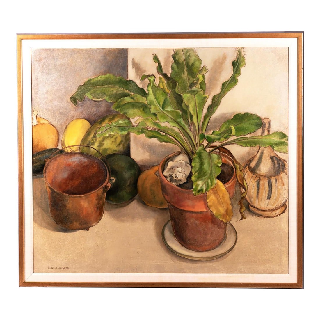 Mid 20th Century Large 54" Original Signed Annyce Alvarez "Still Life With Fruit and Potted Plant" O: Annyce Alvarez, North Carolina (1931-2012), Still Life with Fruit and Potted Plant, oil on canvas painting. Artist signed lower left, framed. Dimensions 44 x 49 inches (canvas); 49 x 54 3/4 inches