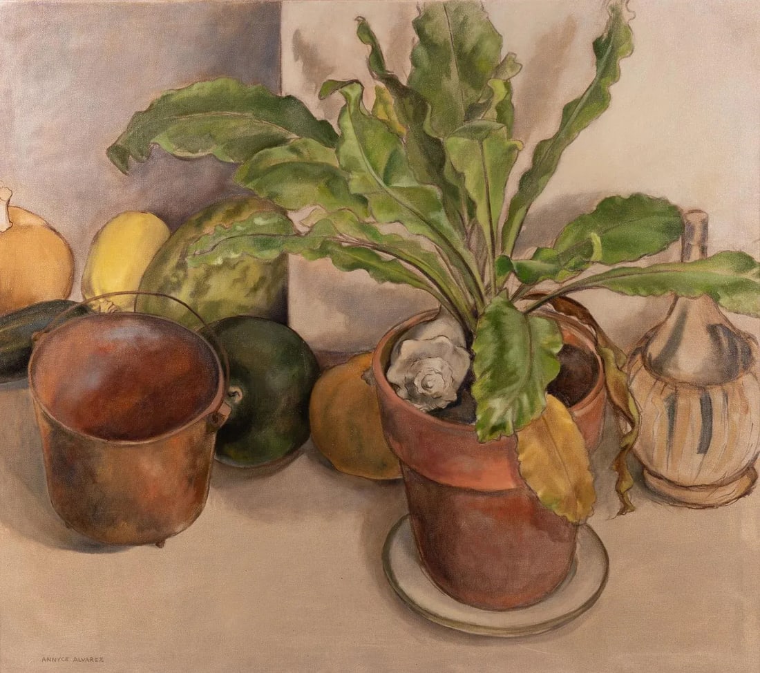 Mid 20th Century Large 54" Original Signed Annyce Alvarez "Still Life With Fruit and Potted Plant" O - 2