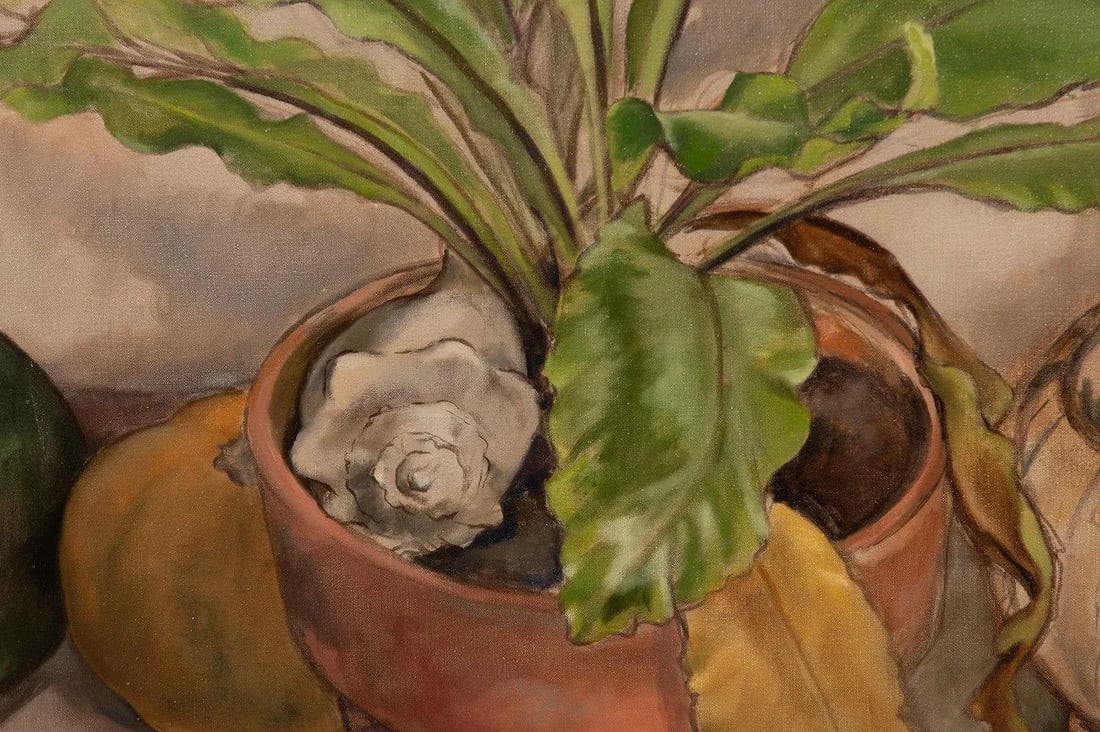 Mid 20th Century Large 54" Original Signed Annyce Alvarez "Still Life With Fruit and Potted Plant" O - 3
