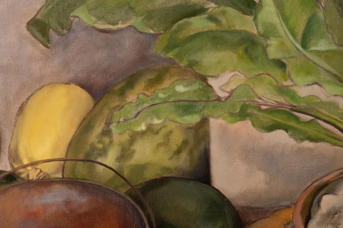 Mid 20th Century Large 54" Original Signed Annyce Alvarez "Still Life With Fruit and Potted Plant" O - 4