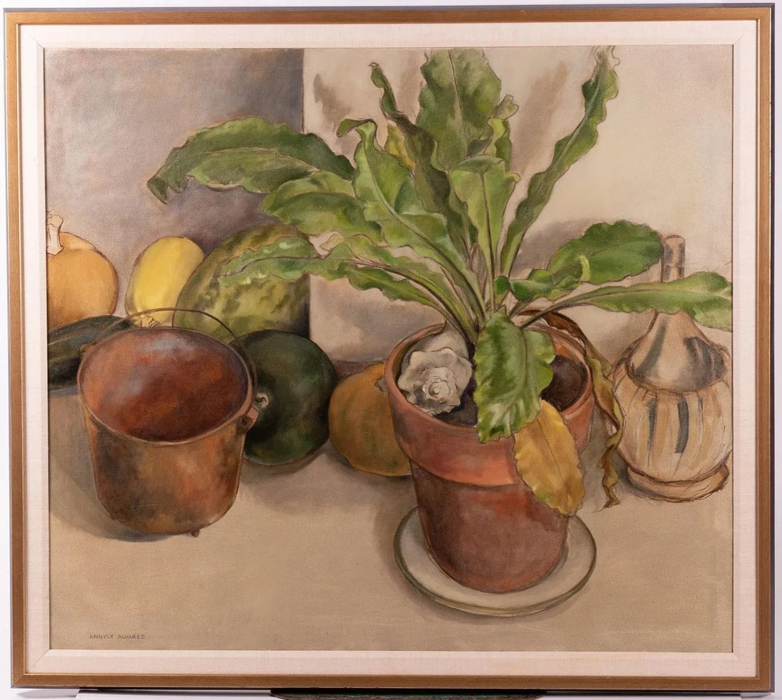 Mid 20th Century Large 54" Original Signed Annyce Alvarez "Still Life With Fruit and Potted Plant" O - 6