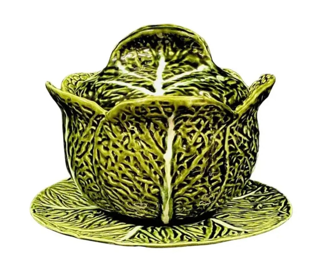 Majolica Cabbage Leaf Soup Tureen With Lid and Underplate - 11
