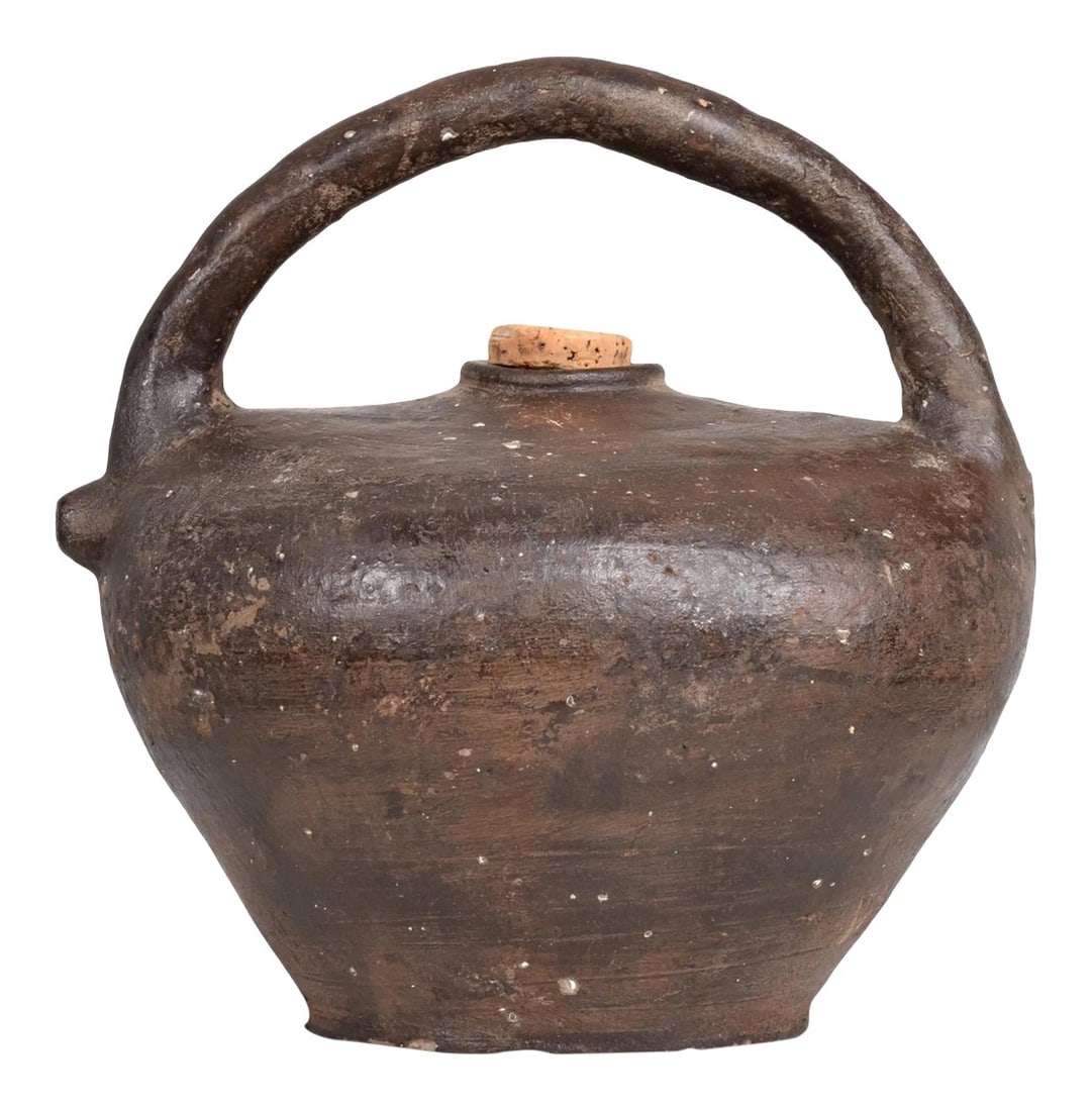 19th Century French Pottery Handmade Antique Jug Vessel: AMBIANIC presents Antique Ceramic Oil Jug with stopper circa 1800s. Easy carry handle Handmade in France. 9 h x 7.5 w x 9.25 d Glazed Ceramic French Provincial Pottery Jug Fair Condition. Wear consist