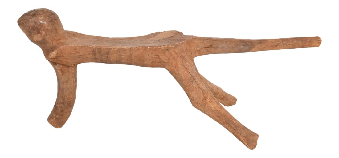 1970s Milking Stool French Modernist Style Pierre Jeanneret: AMBIANIC presents 1970s Sculptural Milking Stool style Pierre Jeanneret Hand carved wood Unmarked 11.5 L X 25 D x 15 T. Wear consistent with age and use. Minor fading. Original vintage unrestored preo