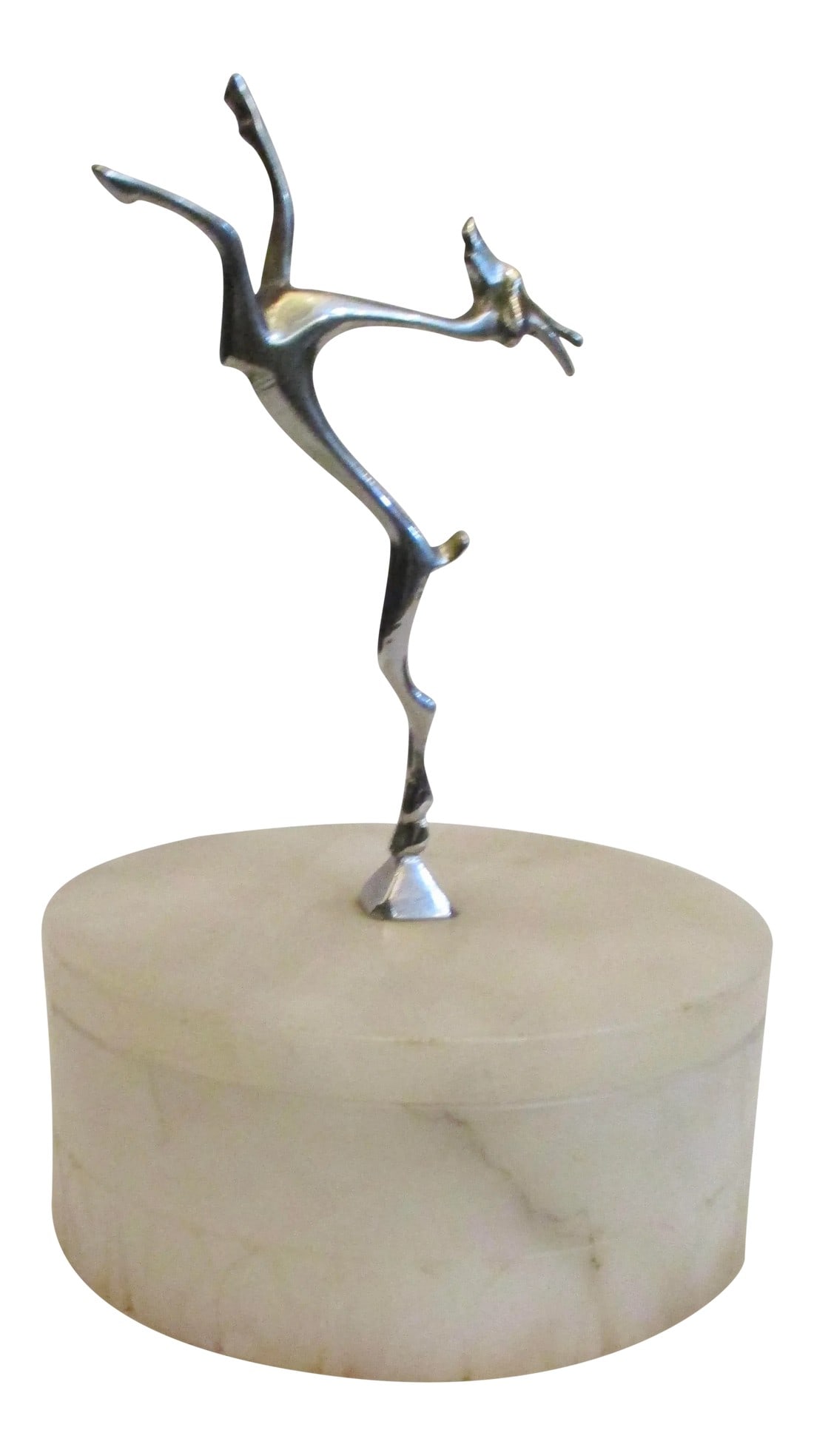 Vintage Art Deco Alabaster Powder Box: Carved in alabaster with a decorative lotus band around the base of the walls. The top handle is a chromed figure of a leaping antelope. The whole on a geometrical inspired circular box with an