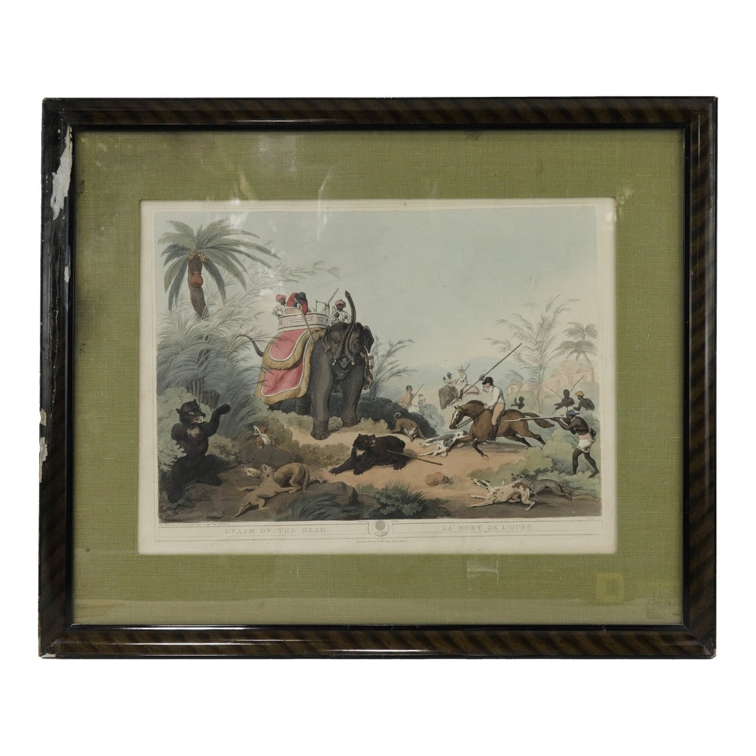 Framed 1818 Hand-Colored Aquatint "Death of the Bear" by Howitt & Williamson: An exquisite framed hand-colored aquatint titled "Death of the Bear," published in London by T. McLean in October 1818. This dynamic scene depicts a dramatic hunting expedition in colonial India,